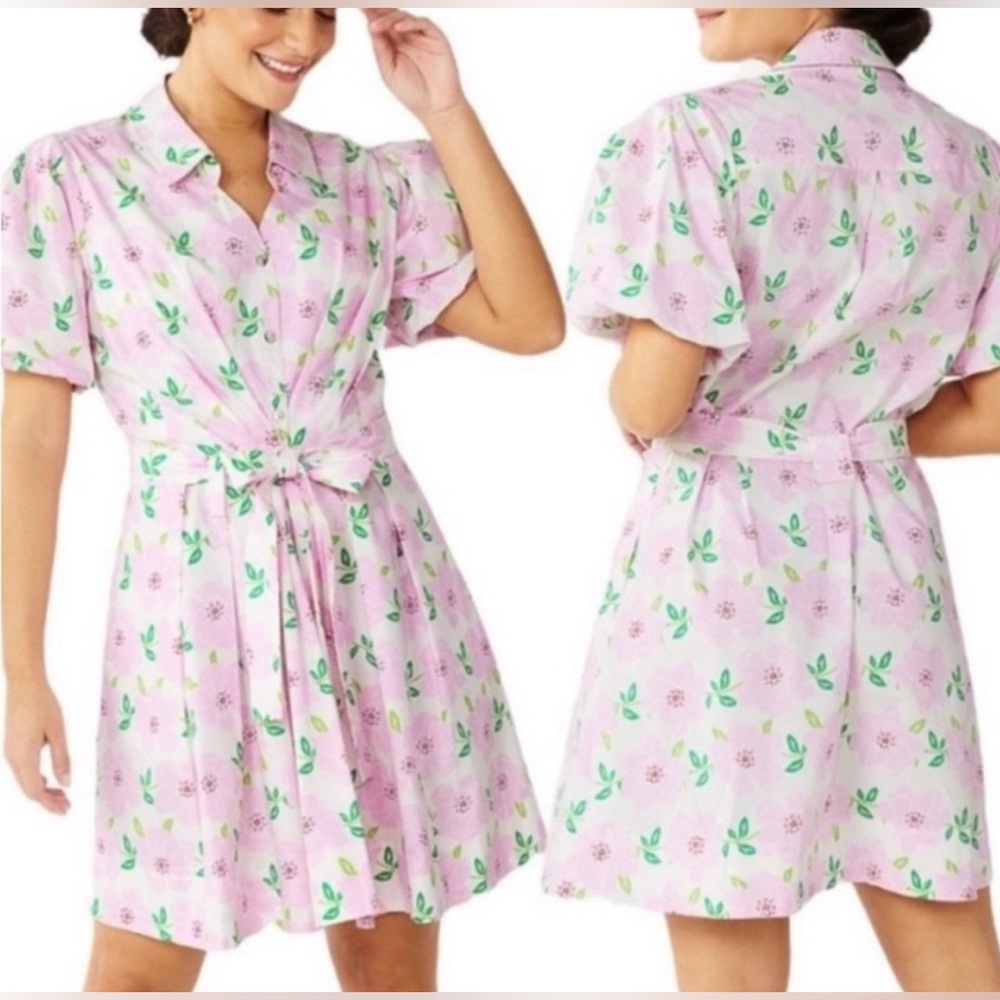 Draper James RSVP Puff Sleeve Shirt Dress Small Ivory Pink Floral Pockets